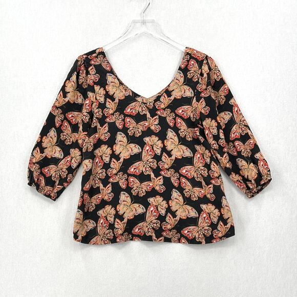 JOHNNY WAS Silk Akil Butterfly Print Top Womens XS Black V Neck 3/4 Puff Sleeve - Picture 2 of 13